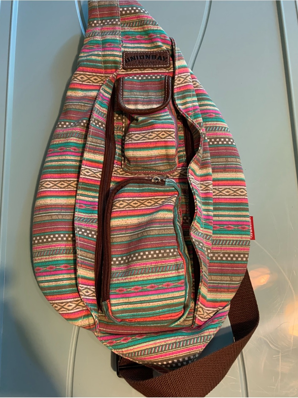Union Bay Striped Tribal Crossbody Sling Bag - Pink & Green